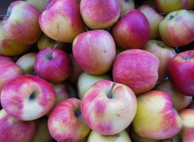 Taze organik kırmızı elmalar büyük bir ahşap kutu, yakın çekim, arka plan.