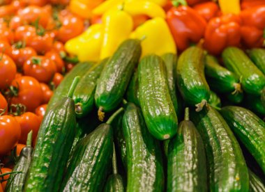 Uzun, pürüzsüz, yeşil salatalık, tezgahüzerinde yatay olarak ortaya koydu, onların tazelik ile çekmek.