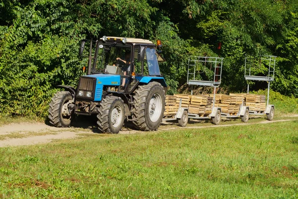 Tractor viejo con un dispositivo para cosechar manzanas. Cajas para la cosecha . — Foto de Stock