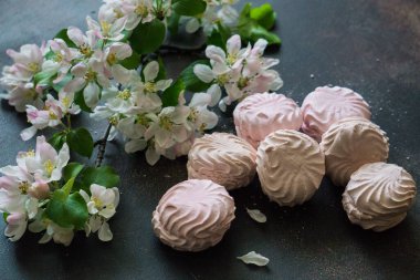 Masada leziz pembe ve beyaz şekerlemeler ve çiçek açan elma ağacı dalıyla birlikte. Tatlılar