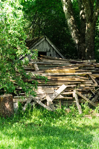 Övergiven byggnad och gamla brädor på en gård i en skog i Lettland på sommaren. — Stockfoto