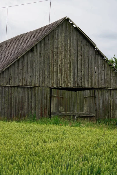 Old decaying shed from the boards of yesteryear.Old rickety wooden winches. — Stock Photo, Image
