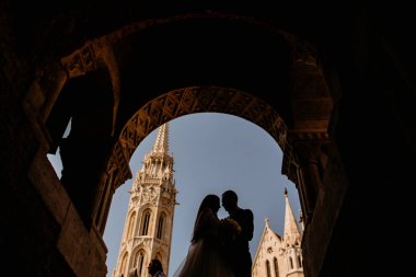 Sillhuette güzel düğün çift kalede poz