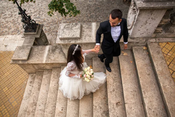 Junges Hochzeitspaar Posiert Alten Schloss — Stockfoto