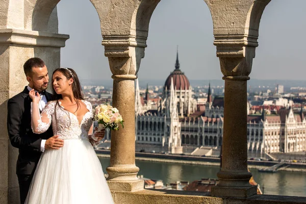 Schönes Hochzeitspaar Posiert Schloss — Stockfoto