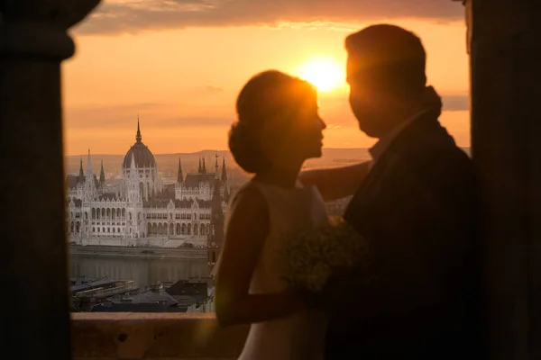 Silueta Hermosa Pareja Boda Posando Sol —  Fotos de Stock