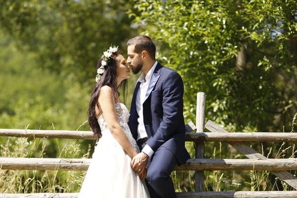 Vackra Bröllop Par Poserar Skogen — Stockfoto