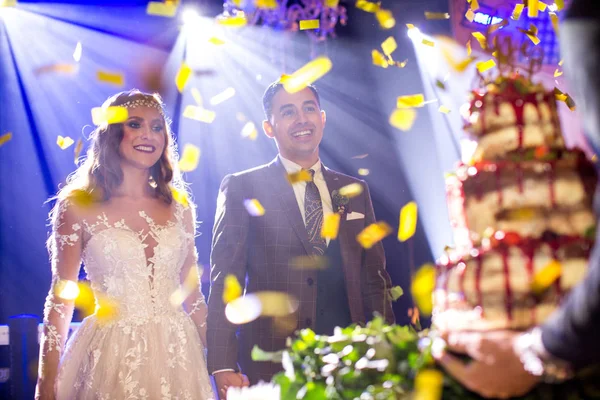 Beautiful wedding couple posing indoor with wedding cake