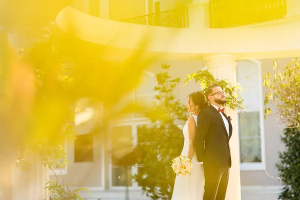 Beautiful Wedding Couple Posing Outdoor Luxury Structure — Stock Photo, Image