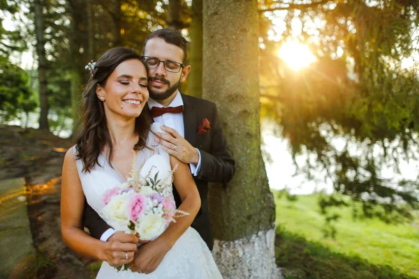 Hermosa Pareja Boda Posando Naturaleza —  Fotos de Stock