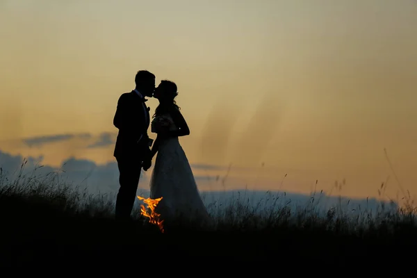 Silhouet Van Bruidspaar Poseren Zonsondergang — Stockfoto