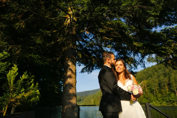 Όμορφη Νύφη Και Όμορφος Groom Που Παρουσιάζουν Εξωτερική — Φωτογραφία Αρχείου