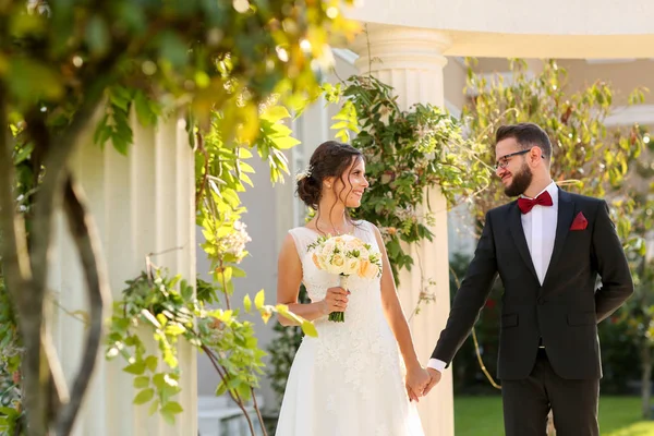 Hermosa Pareja Boda Posando Aire Libre Cerca Estructura Lujo Fotos De Stock