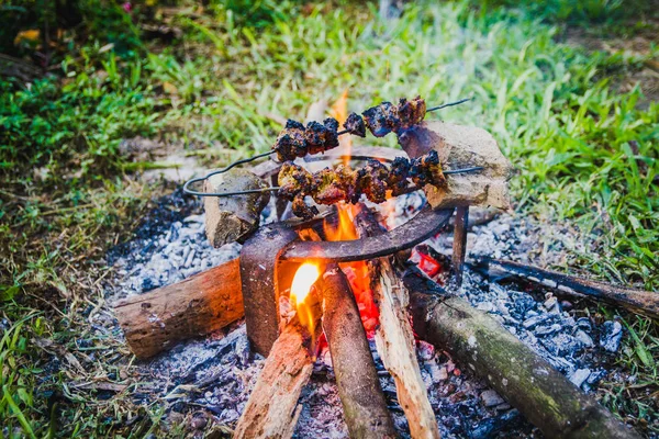 BBQ,Mutton skewers grilling on a barbecue on top of charcoal grill,Traditional style of barbecuing in Nepal