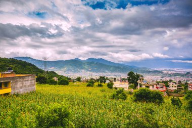Kathmandu şehir sermaye, Nepal, kuş gözü görünümü Kathmandu şehir arka, üst görünüm Kathmandu şehir, Himalaya Dağları ile havadan görünümü.