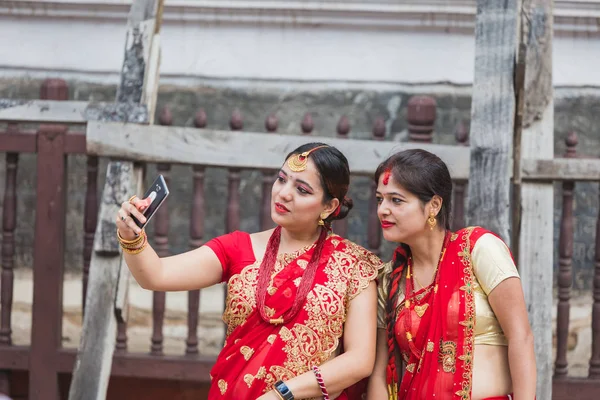 Kathmandu Nepal Set 2018 Nepali Women Taking Selfie Smartphone Teej — Fotografia de Stock