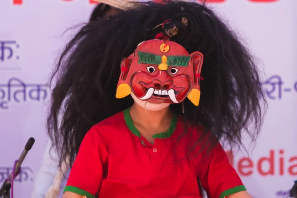 Kathmandu Nepal Set 2018 Face Uma Dançarina Lakhe Durante Festival — Fotografia de Stock