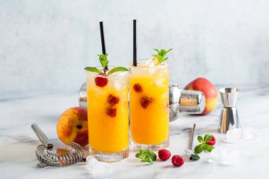 Şeftali suyu ve ahududu mermer bir tablo bir shaker ve aksesuarları bar uzun bardaklarda taze nane ile iki serinletici içecekler.