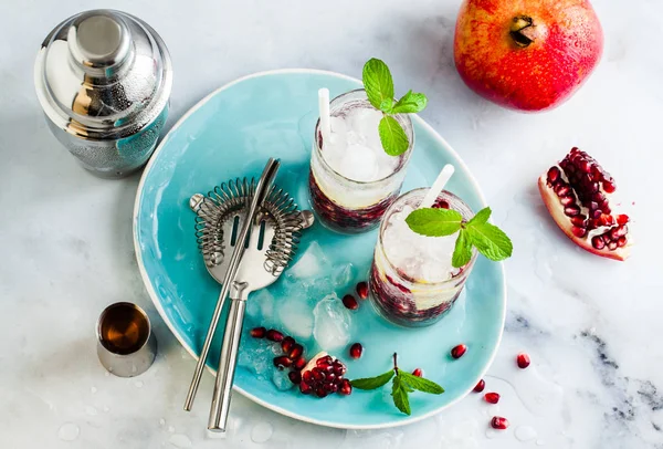 Refreshing Alcoholic Drink Lemon Pomegranate Seeds White Stone Table Gray — Stock Photo, Image