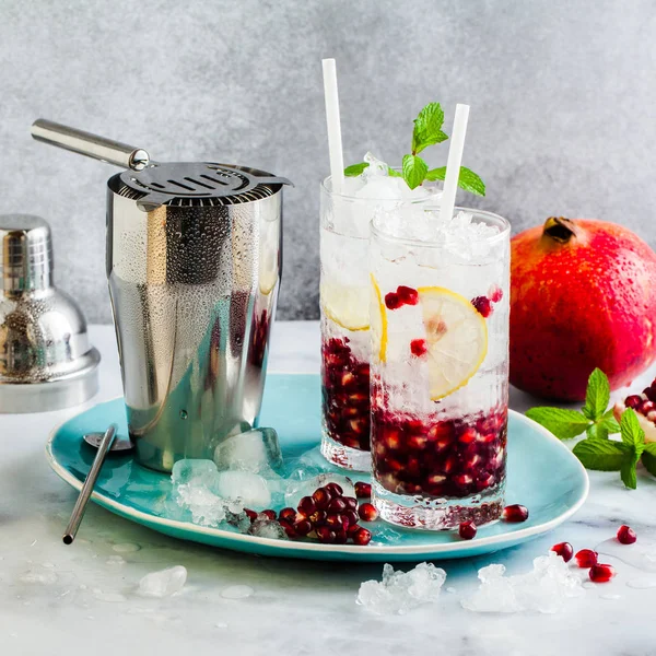 limon ve nar tohumları bir beyaz taş tablo ile alkollü içki ve nane ve bar aksesuarları ile gri arka plan yenileme