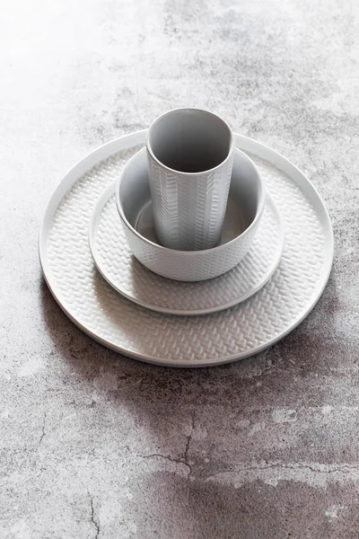 Set Plates Mug Gray Stone Table Copy Space Modern Dishes — Stock Photo, Image