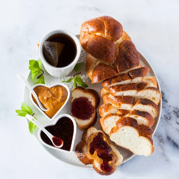 Morning Breakfast Braided Fresh Bread Peanut Butter Jam Berries Cup — Stock Photo, Image