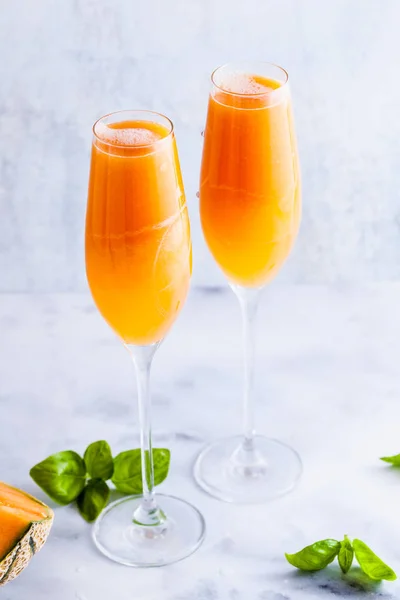 Italian Bellini Alcoholic Cocktail Made Sweet Ripe Melon Basil Flavor — Stock Photo, Image