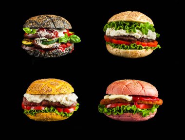 collage of burgers with colorful buns and different fillings on a black background clipart
