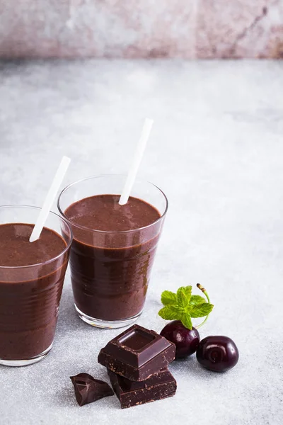 Chocolate Smoothies Cherries Almonds Table Gray Stone Vegan Protein Drink — Stock Photo, Image