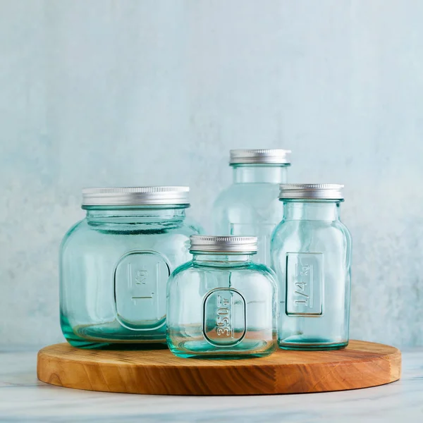 Latas Vazias Vidro Reciclado Para Preservação Fermentação Preparações Outono Para — Fotografia de Stock