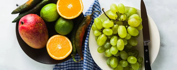 Bandeira Legumes Coloridos Frutas Mesa Preparação Sucos Manhã Alimentação Saudável — Fotografia de Stock