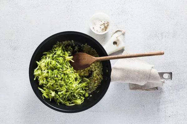 Cooking Rice Zucchini Onions Frying Pan Step Step Recipe Healthy — Stock Photo, Image