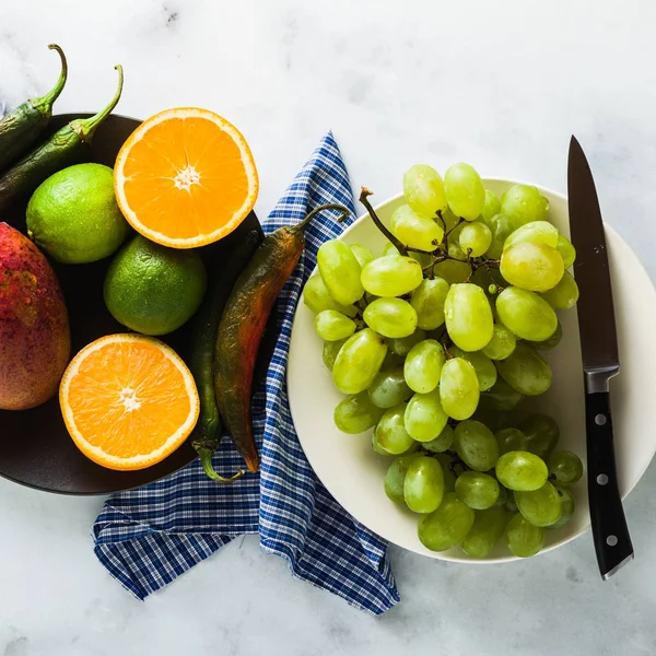 Vegetais Coloridos Frutas Mesa Preparação Sucos Manhã Alimentação Saudável — Fotografia de Stock