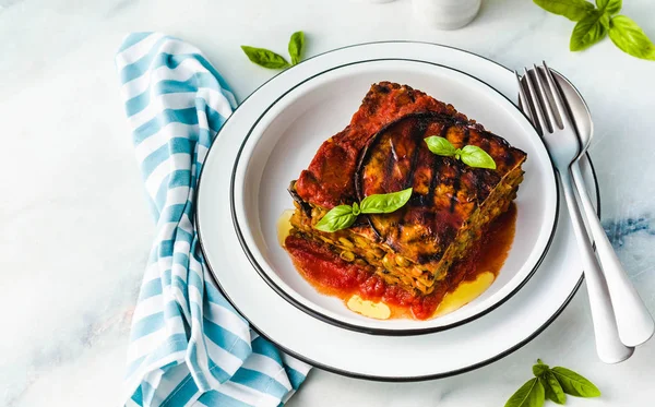 Lasagnes Végétaliennes Sans Gluten Partir Aubergines Grillées Pois Verts Lentilles — Photo