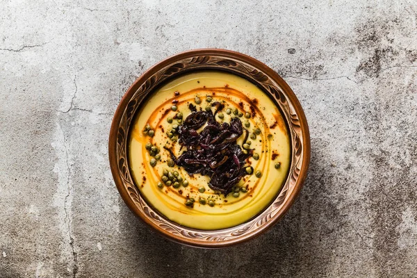 Аутентичный Греческий Fava Рецепт Ближневосточный Желтый Чечевичный Суп Карамельным Луком — стоковое фото