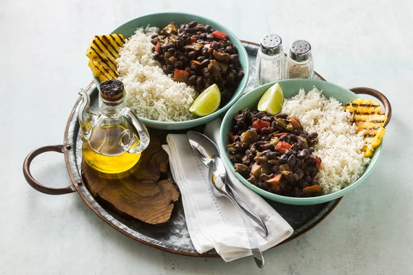 Riz Cubain Plat Haricots Noirs Ananas Grillé Cuisine Caraïbe Végétalienne — Photo