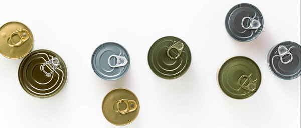 banner of cans on a white background. view from above. copy spac
