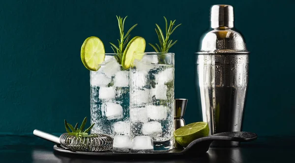 Banner di cocktail classico gin tonic con rametti di rosmarino in — Foto Stock