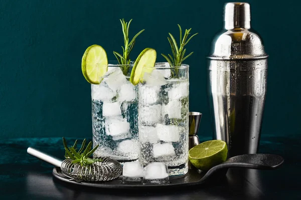 Uzun boylu glas biberiye sprigs ile klasik cin ve tonik kokteyl — Stok fotoğraf