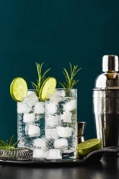 Uzun boylu glas biberiye sprigs ile klasik cin ve tonik kokteyl — Stok fotoğraf