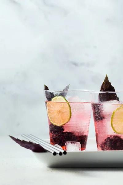 Gin tonic con moras y hojas de albahaca morada. verano r —  Fotos de Stock