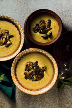 masada kil bir kase mantar çorbası. sonbahar sağlıklı gıda. 