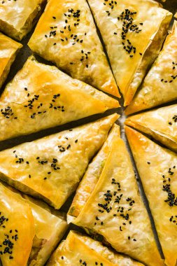 Hint samosasında fırında pişirilmiş baharatlı patates ve siyah susam tohumlu sebzelerle yapılan samosa. sokak geleneksel fast food