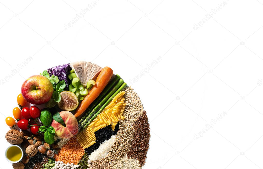 circle of basic vegan ingredients and products. cereals, legumes, fresh vegetables and fruits, oils, seeds and nuts. balanced healthy diet isolated on white
