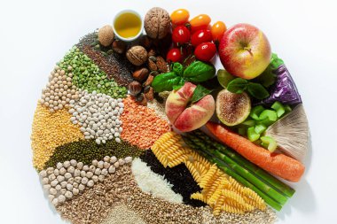 Temel vejetaryen malzemeleri ve ürünleri çemberi. gevrekler, baklagiller, taze sebzeler ve meyveler, yağlar, tohumlar ve fındıklar. beyaz üzerine izole edilmiş dengeli sağlıklı diyet