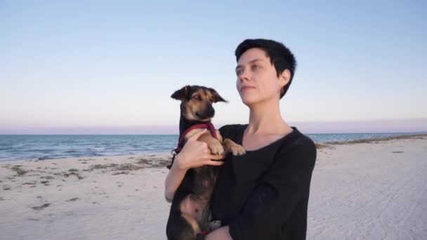 Flickan bär sin hund, promenader längs stranden nära havet. — Stockvideo