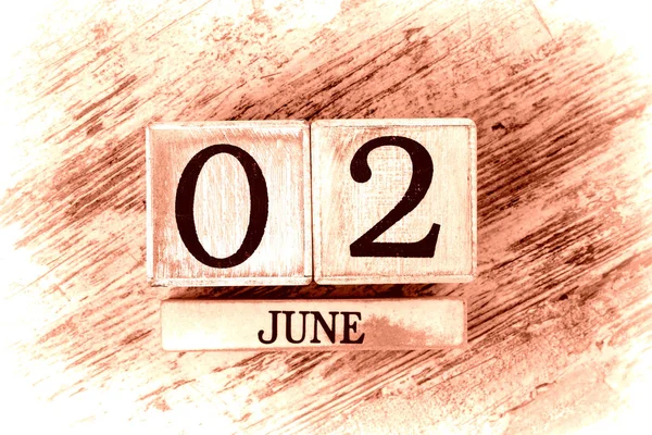 Деревянный Календарь Датой Второго Июня — стоковое фото