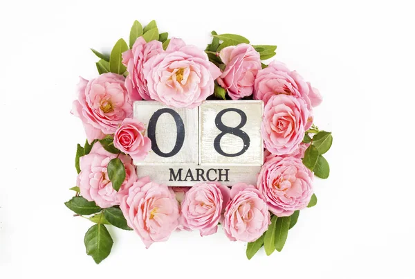 Pink Rose Flowers White Background Women Day Concept — Stockfoto