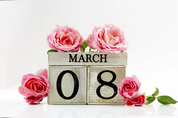 Pink Rose Flowers White Background Women Day Concept — Photo