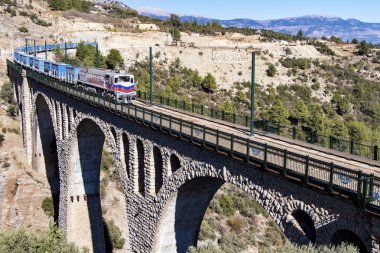 train riding on the bridge in mountains